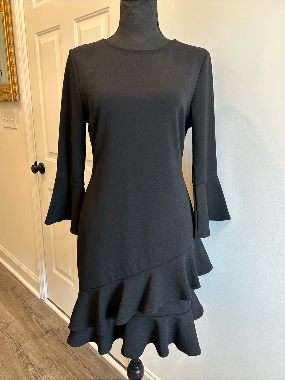 Lulus Black Ruffle Tiered Bell Sleeve Dress Size M